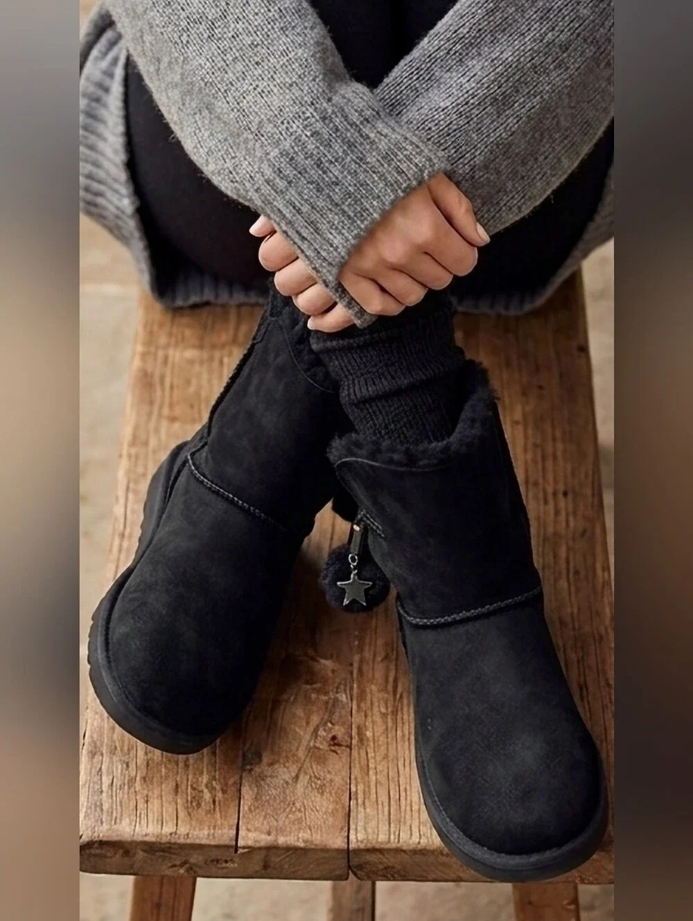 UGG Irina Star Charm Suede Shearling Ankle Boots - Pom Pom Black US 4
